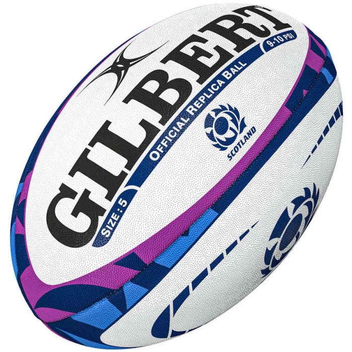 Mini pallone rugby Gilbert Scozia SRU ellissi blu viola sfondo bianco