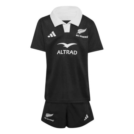 Kit rugby All Blacks bambini 2027 nero maglia pantaloncini vista frontale