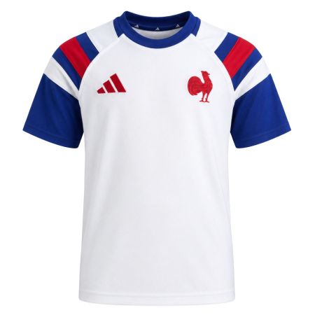 Maglietta rugby Francia bambino Adidas bianca blu reale tricolore fronte