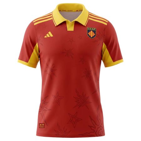 Maglia da rugby USAP trasferta 2026-2027 Adidas rosso e oro vista frontale