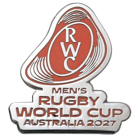 Spilla argentata Rugby World Cup Australia 2027 logo RWC arancione rilievo cromato
