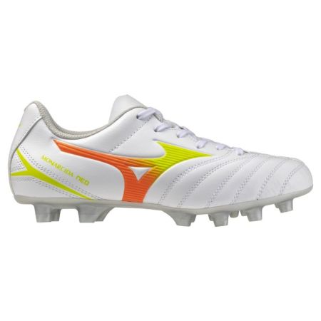 Stivali da rugby junior Mizuno Monarcida Neo III bianco giallo arancione vista laterale