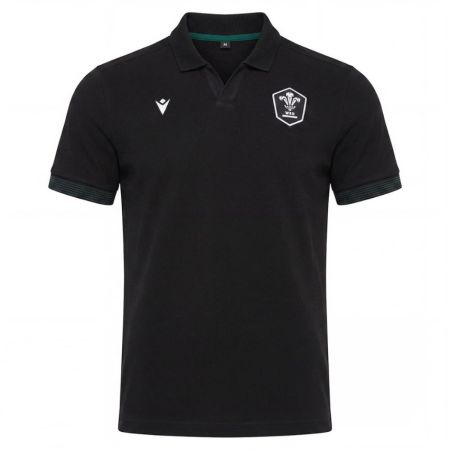 Polo rugby Galles viaggio cotone nero Macron vista frontale