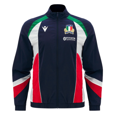 Giacca Anthem Warm Up Italia Rugby Macron blu con zip vista frontale